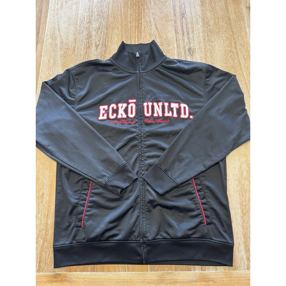 Ecko Unltd Track Jacket Mens XL Black Full Zip Rhino Brand Red Spellout Knit